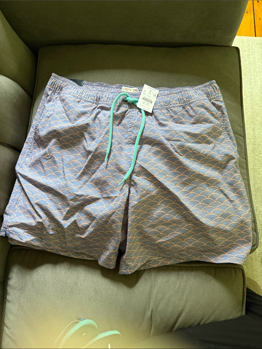 Men's J. Crew Light Blue Patterned Swim Trunks with Mint Drawstring